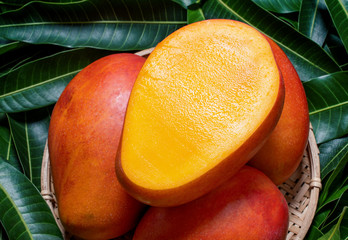 Fresh juicy beautiful mango fruit in bamboo wooden basket on green background by leaves, close up,...