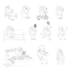 A set of contour monochrome images of a fat man in different life situations