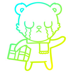 cold gradient line drawing crying polar bear cartoon with christmas gift