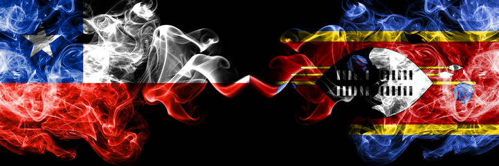 Chile vs Swaziland, Swazi smoky mystic flags placed side by side. Thick colored silky smokes combination of Swaziland, Swazi and Chilean flag