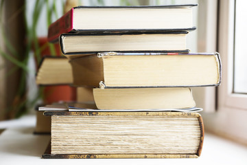 Old Books. Pile of Books with Yellow Pages and Shabby Covers. Reading or Education Concept 