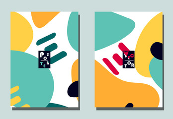 Cover with graphic elements - abstract shapes. Two modern vector flyers in avant-garde  style. Geometric wallpaper for business brochure, cover design.