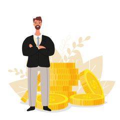 Financial advisor. Businessman is standing near coins, business finance concept, flat vector illustration