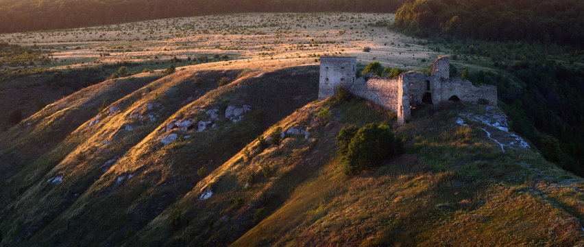 Panoramic view of Kudryntsi Castle in the evening light