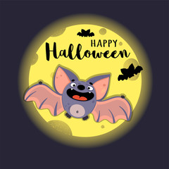 Cute bat flying at night by the light of the moon. Vector illustration in cartoon style with inscription 