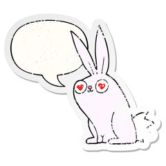 cartoon bunny rabbit in love and speech bubble distressed sticker