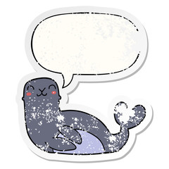 cartoon seal and speech bubble distressed sticker