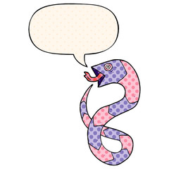 hissing cartoon snake and speech bubble in comic book style