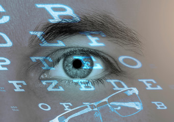 Blue Eye Looking At Exam Chart with light letters / Eye Care Concept
