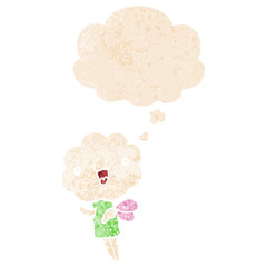 cute cartoon cloud head creature and thought bubble in retro textured style