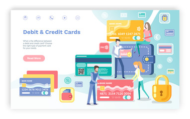 Credit and debit cards vector, banking system customers in bank using services of institution. Man and woman with plastic object dollars money. Website or webpage, landing page flat style. Mobile bank