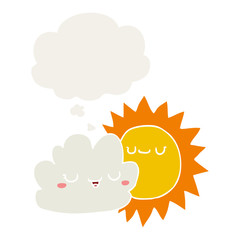 cartoon sun and cloud and thought bubble in retro style