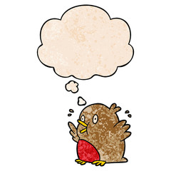 cartoon excited robin and thought bubble in grunge texture pattern style