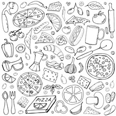 Vector background with breakfast, lunch, coffee, pizza, snacks. Useful for packaging, menu design and interior decoration. Hand drawn doodles.  Sketchy collection of food elements on white background.
