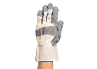 Worker showing gesture - stop, open palm and five fingers. Male hand wearing working glove, isolated on white background.