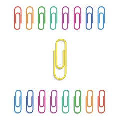 Set of realistic multi colored paper clips isolated on white background. Design element for school supplies. Stationery and office supply. Vector illustration