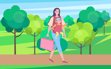 Woman holding bag vector, mother with child walking in city park with buildings. Family baby and mom, brunette character with kid pastime of people