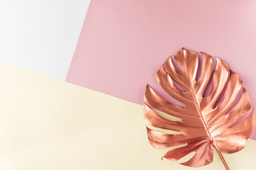 Flat lay of golden pink tropical leaf design element. Decoration elements for invitation, wedding...