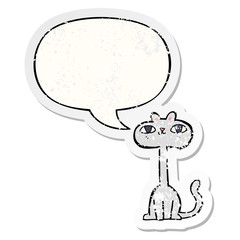 cartoon cat and speech bubble distressed sticker