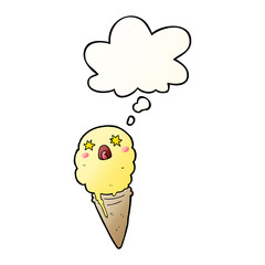 cartoon shocked ice cream and thought bubble in smooth gradient style