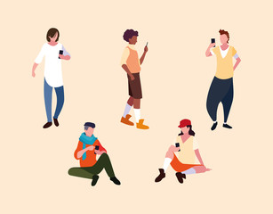 group of young men using smartphones devices