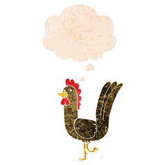 cartoon rooster and thought bubble in retro textured style