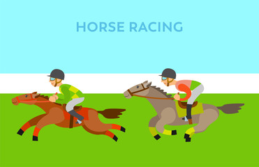 Horse racing, jockey riding by horseback, side view of people wearing helmet, loping of fast animals, competition of males character and stallions vector