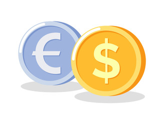 Coins euro and dollar, golden and silver circle money, metal cash or purse, currency object with shadow, financial element of bank, investment vector. Coin market exchange