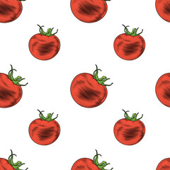 Tomato seamless pattern. Colorful vector illustration of tomato in engraving technique isolated on white background.