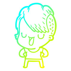 cold gradient line drawing cute cartoon girl with hipster haircut