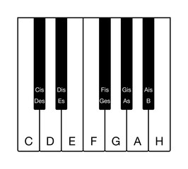Twelve-tone chromatic scale on a keyboard. One octave of notes of the Western musical scale. Twelve keys from C to H with the names of the notes in German. Illustration on white background. Vector.