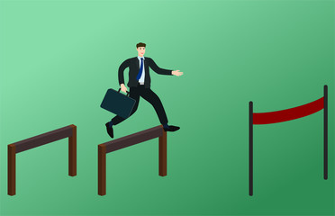 Businessman running and jump over obstacles to finish line , success goal concept