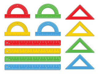 Set of realistic colorful rulers marked in inch and centimeters with colored protractors and triangles isolated on white background. Measuring tool. School supplies. Stationery. Flat icon design