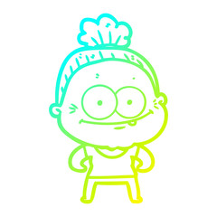 cold gradient line drawing cartoon happy old woman