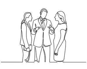 Continuous line drawing of businessman and businesswoman standing. business partners discussing documents and ideas at meeting. vector illustration isolated on white background.