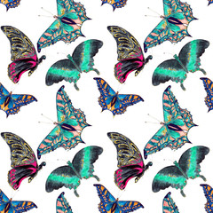 Obraz premium Hawaiian Tropical jungle colorful watercolor hand drawn butterflies seamless pattern 