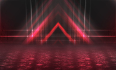 Naklejka premium Empty background scene. Dark reflection of the street on the wet asphalt. Rays of red neon light in the dark, neon figures, smoke. Background of empty stage show. Abstract dark background.