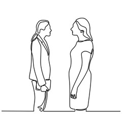 Continuous line drawing of businesswoman standing. business partners discussing documents and ideas at meeting. two women talking. vector illustration isolated on white background.