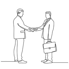 continuous line drawing of business people meeting with handshake. business partners discussing documents and ideas at meeting . two women talking. vector illustration isolated on white background.