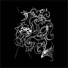 Black white illustration abstraction, bird, meditating people. Chalk on a blackboard.