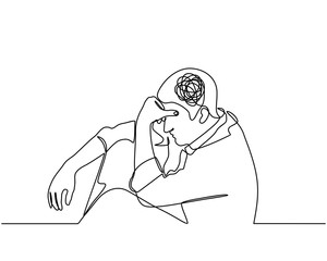 Continuous line drawings of man feeling sad, tired and worried about suffering from depression in mental health. problems, failures and concepts of heartbreak isolated on white background