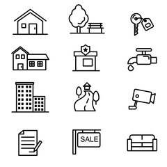 Set of real estate related vector illustration with simple line design suitable for icon or doodle 