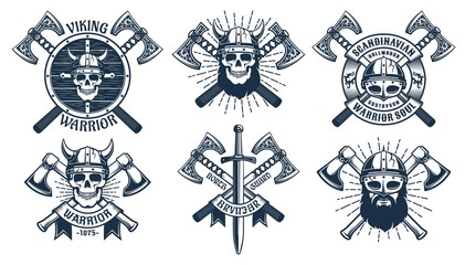 Viking warrior mascot set. Battle axes and shields on the Viking emblems. Vector retro illustration. - obrazy, fototapety, plakaty