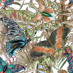 Hawaiian Tropical jungle colorful watercolor hand drawn seamless pattern with plants and butterflies