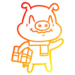 warm gradient line drawing nervous cartoon pig with present