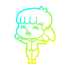 cold gradient line drawing cartoon worried woman
