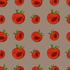 Tomato seamless pattern. Colorful vector illustration of tomato in engraving technique.