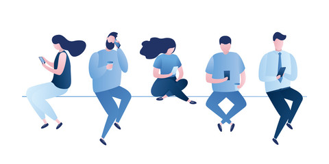 People sit in different poses,male and female characters with smartphones