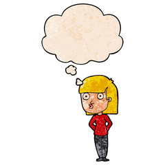 cartoon woman staring and thought bubble in grunge texture pattern style