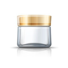 Vector 3d realistic transparent glass jar for moisturizing cream. Mock-up for product package branding.